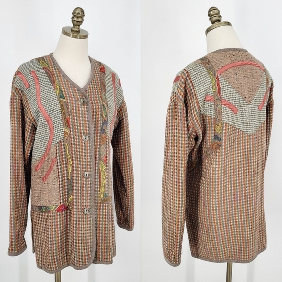 Vintage Jackets & Blazers - Vintage Wool Blend Blazer Jacket Button Up Plaid Funky Retro Art Print 70s 80s M